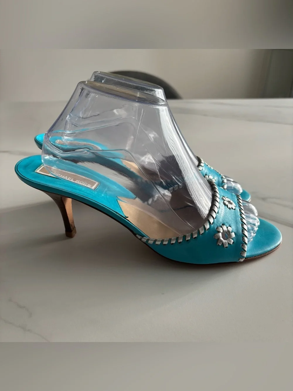 Michael Kors Made in Italy Turquoise Leather Whipstitch Heeled Slide Sandals 10